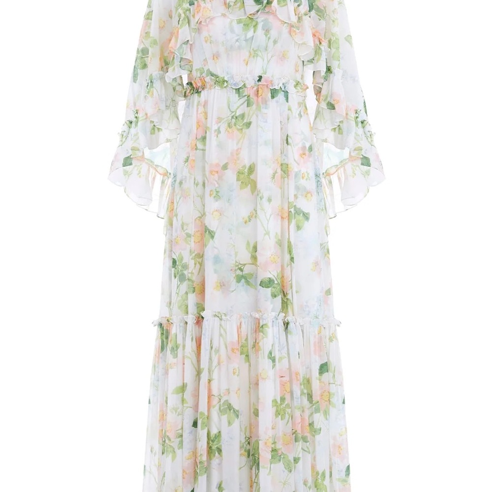 Needle & Thread White Floral Ruffle Maxi Dress with Green Accents - Picture 4 of 14